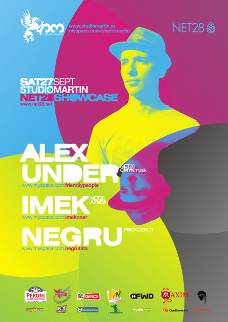 Alex Under, Imek, Negru, Net28 showcase, Studio Martin, poster design by Alex Tass