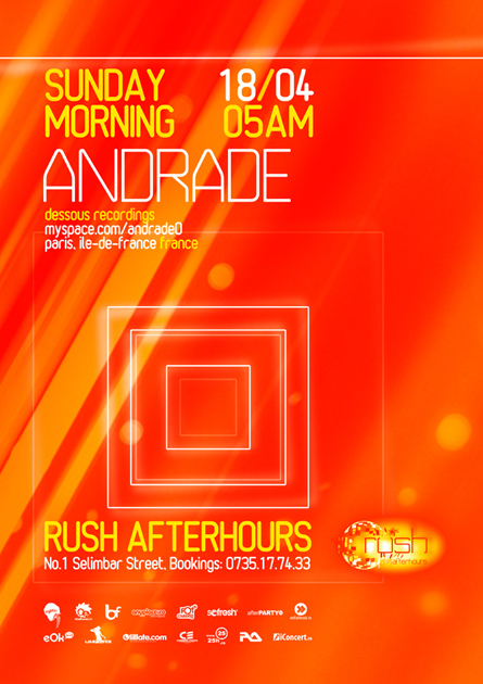 Rush Afterhours, Andrade, Dessous recordings, poster design by Alex Tass