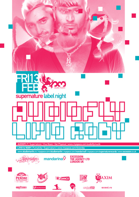 Audiofly, Livio and Roby, Supernature, label night, Studio Martin, poster design by Alex Tass