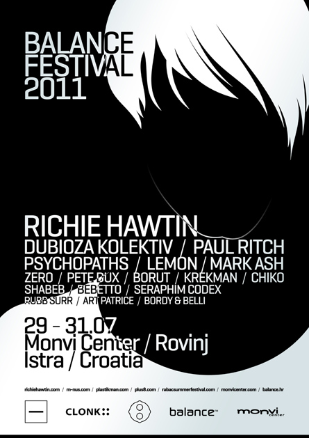 Balance Festival, Richie Hawtin, m_nus, Dubioza Kolektiv, Paul Ritch, Psychopaths, Lemon, Mark Ash, poster design by Alex Tass