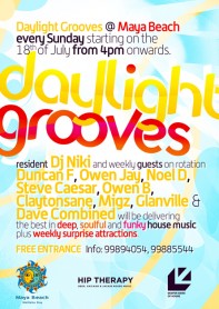 Daylight Grooves, party series, DJ Niki, Duncan F, Owen Jay, Noel D, Steve Caesar, Owen B, Claytonsane, Migz, Maya Beach, Malta, poster design by Alex Tass