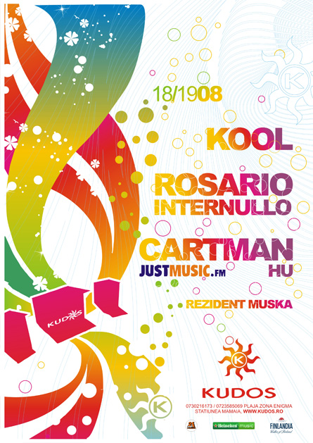 Cartman, Justmusic.FM, Kool, Rosario Internullo, Kudos Beach, poster design by Alex Tass