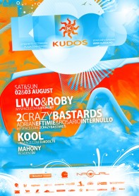 Livio and Roby, 2 crazy bastards, Kool, Kudos Beach, poster design by Alex Tass