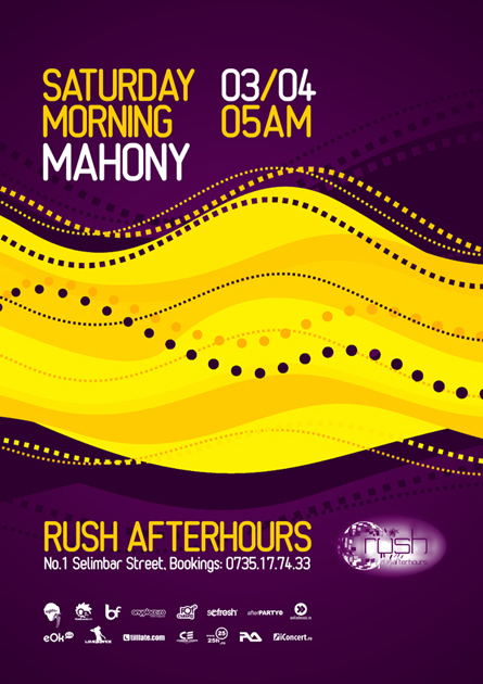 Rush, afterhours, Mahony poster design by Alex Tass