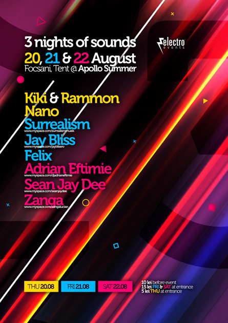 Electro Events, Jay Bliss, Surrealism, Adrian Eftimie, Nights of sounds, Apollo summer, poster design by Alex Tass