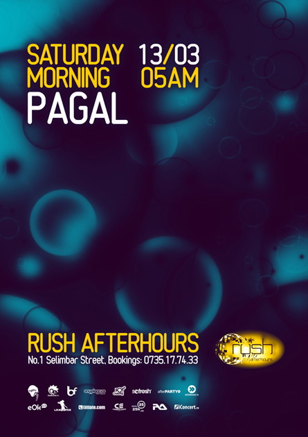 Rush, afterhours, Pagal poster design by Alex Tass