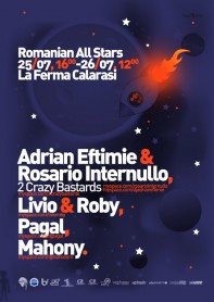 Romanian all stars - Adrian Eftimie, Rosario Internullo, Livio and Roby, Pagal, poster design by Alex Tass Romanian all stars - Adrian Eftimie, Rosario Internullo, Livio and Roby, Pagal, La Ferma, poster design by Alex Tass