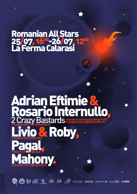 Romanian all stars - Adrian Eftimie, Rosario Internullo, Livio and Roby, Pagal, La Ferma, poster design by Alex Tass
