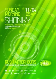Rush Afterhours, Shonky, Freak n'Chic, poster design by Alex Tass