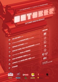 Shlomi Aber, Lutzenkirchen, Hernan Cattaneo, Sascha Funke, Paul Kalkbrenner, Anja Schneider, Sebo K, Lopazz, Einzelkind, Heidi, Efdemin, Pagal, Livio and Roby, Studio Martin october 2008 schedule poster design by Alex Tass