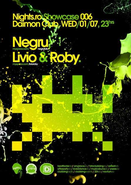 Negru, Livio and Roby, nights.ro, showcase, space invaders, poster design by Alex Tass