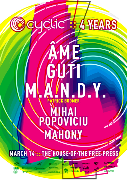 Cyclic 4 years anniversary Ame, Guti, MANDY poster design by Alex Tass