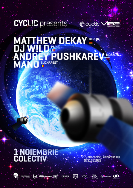 Matthew Dekay, Dj W!ld, Andrey Pushkarev, Mano, space, earth, poster design by Alex Tass