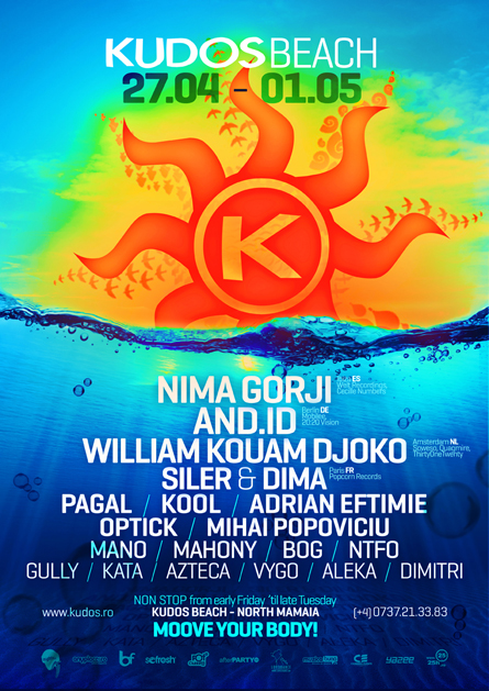 Nima Gorji, And.Id, William Kouam Djoko, Kudos Beach spring poster design by Alex Tass