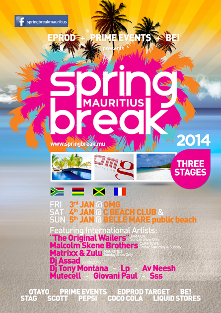 Spring Break Mauritius 2014 OMG, C Beach Club, Belle Mare beach, poster design by Alex Tass