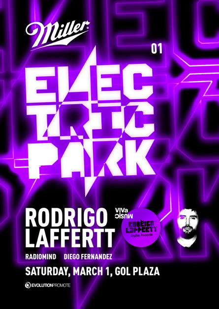 Miller presents ElectricPark Rodrigo Laffertt @ Gol Plaza flyer poster design by Alex Tass