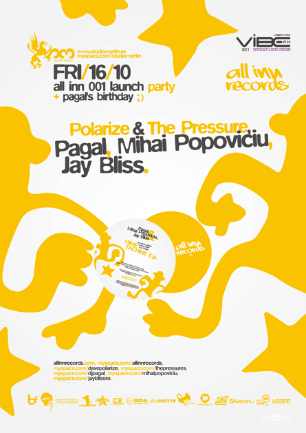 All Inn records 001 release party, Studio Martin, Pagal, Mihai Popoviciu, Jay Bliss, poster design by Alex Tass