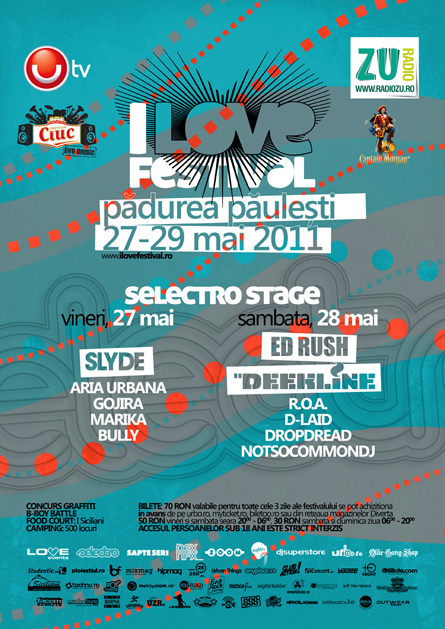 Slyde, Ed Rush, Deekline, I love festival, Selectro stage, poster design by Alex Tass