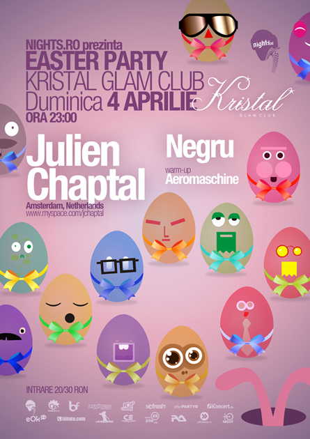 Julien Chaptal, Negru, Kristal Glam Club, Easter party, poster design by Alex Tass