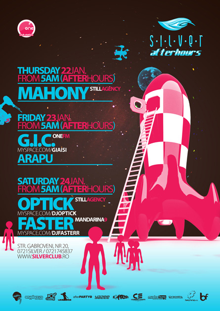 Silver, Afterhours, Optick, Faster, Mahony, GIC, poster design by Alex Tass
