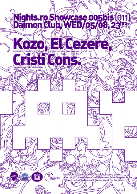 Kozo, El Cezere, Cristi Cons, nights.ro, showcase, space invaders, poster design by Alex Tass