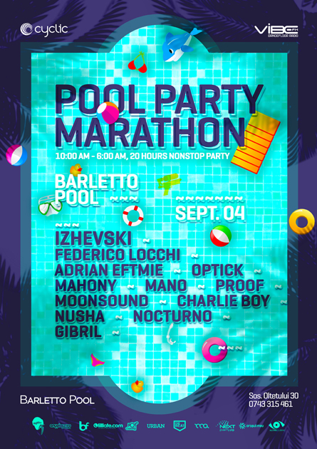 Pool Party Marathon Izhevski, Federico Locchi, poster design by Alex Tass