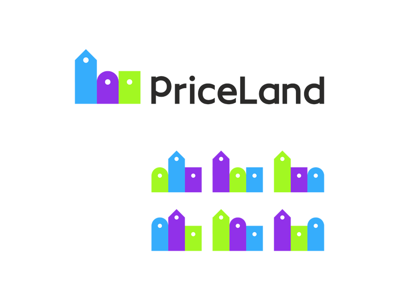 Priceland price tags buildings dynamic logo design by Alex Tass