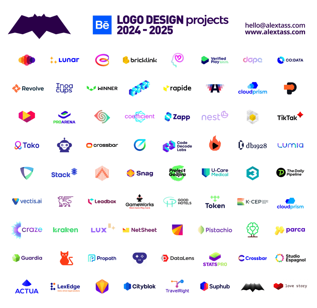 Logo design portfolio of logo designer Alex Tass 2024-2025