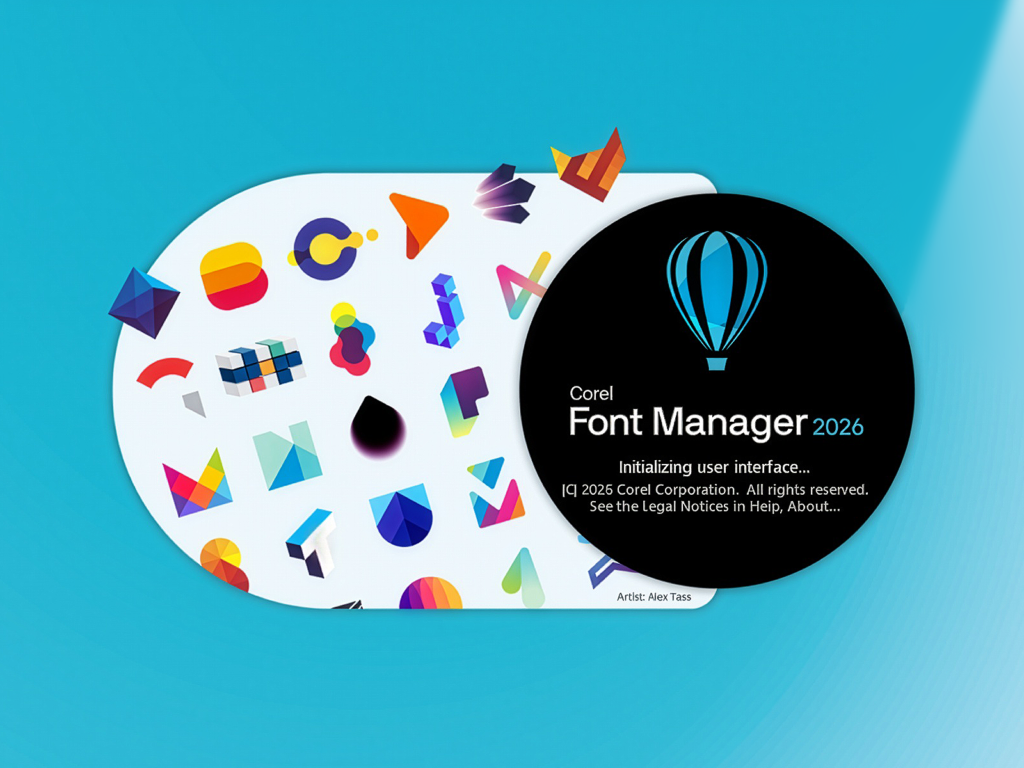 Corel Font Manager 2026 splash screen feature logo alphabet by Alex Tass 1