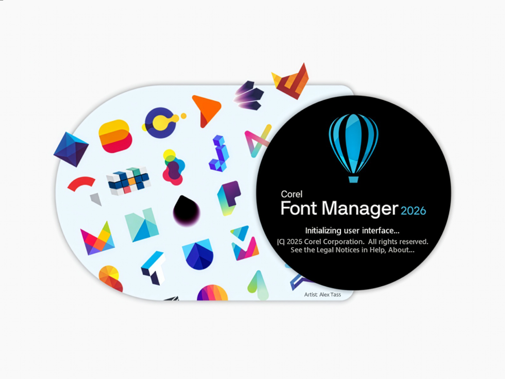 Corel Font Manager 2026 splash screen feature logo alphabet by Alex Tass 1